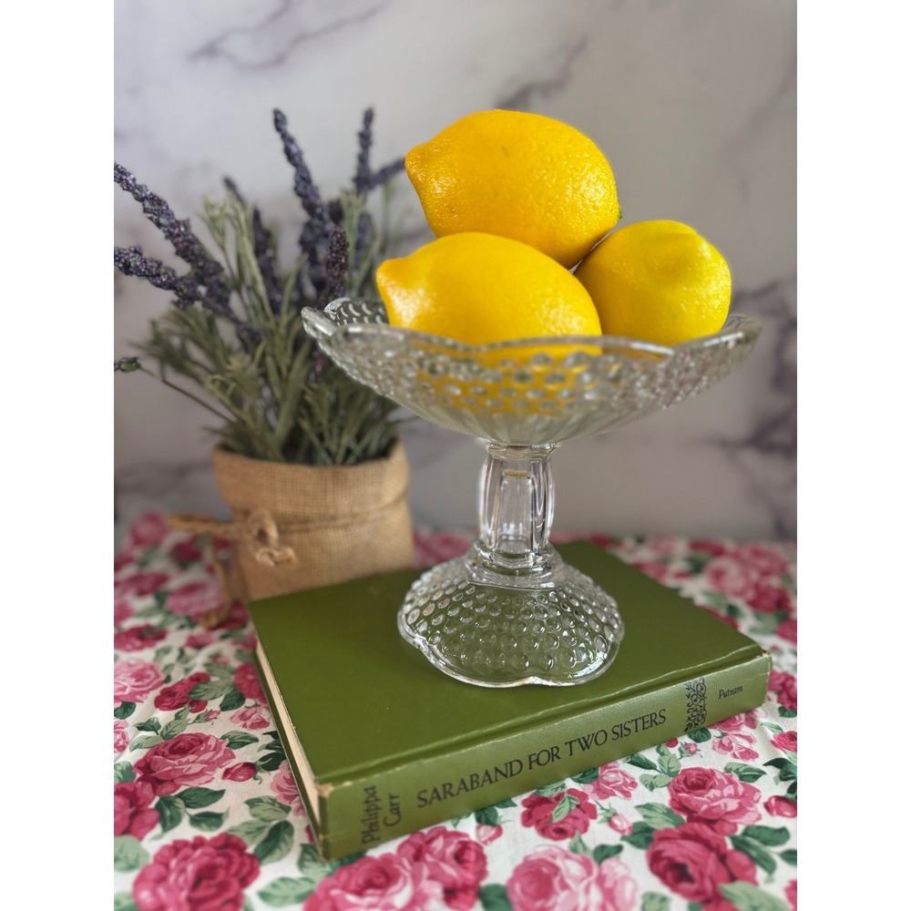 Vintage clear glass pedestal compote bowl, hob nail centerpiece dish